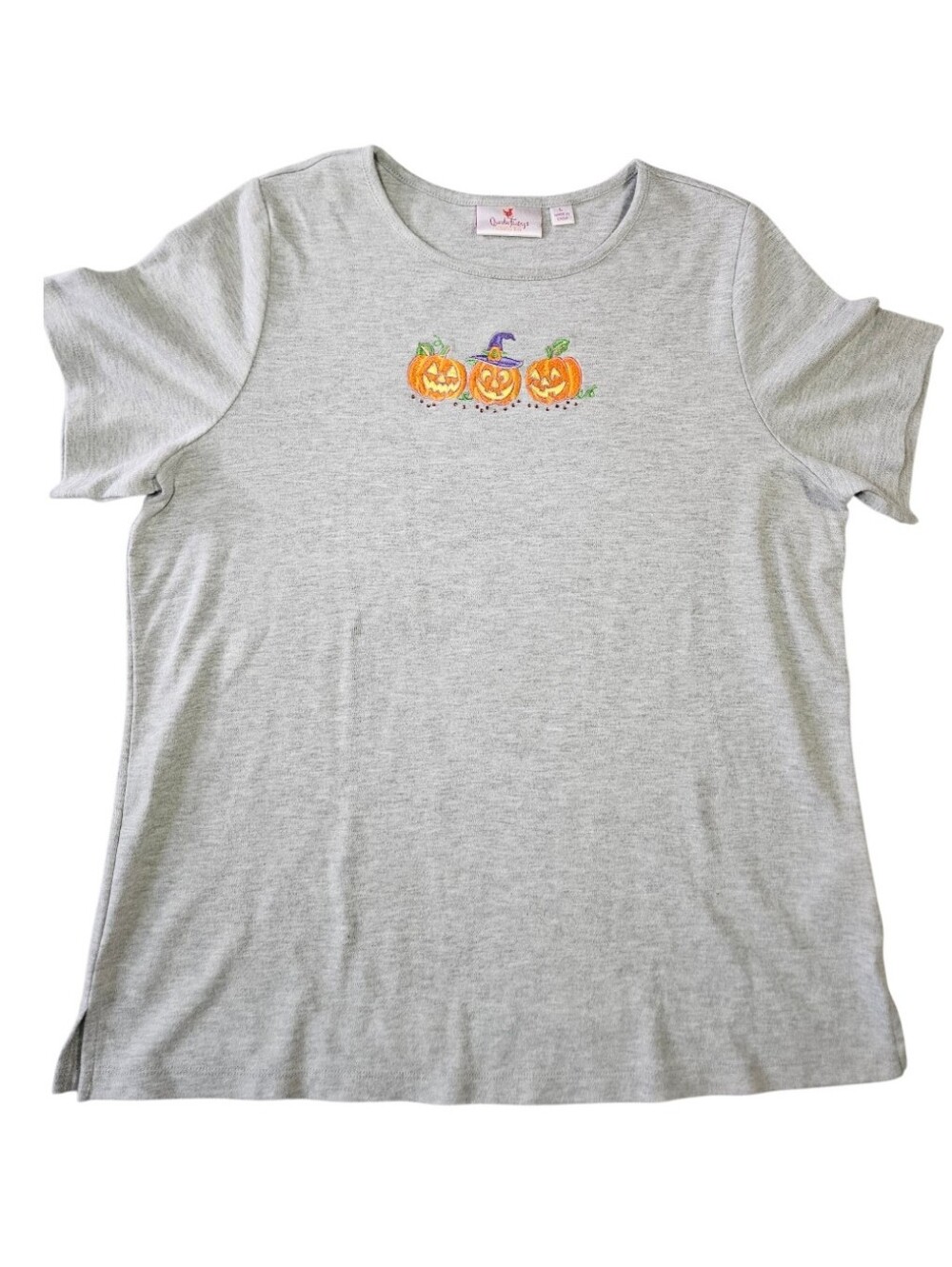 0213 Quacker Factory Halloween Pumpkin Rhinestone Gray Tee Top Large Fall
